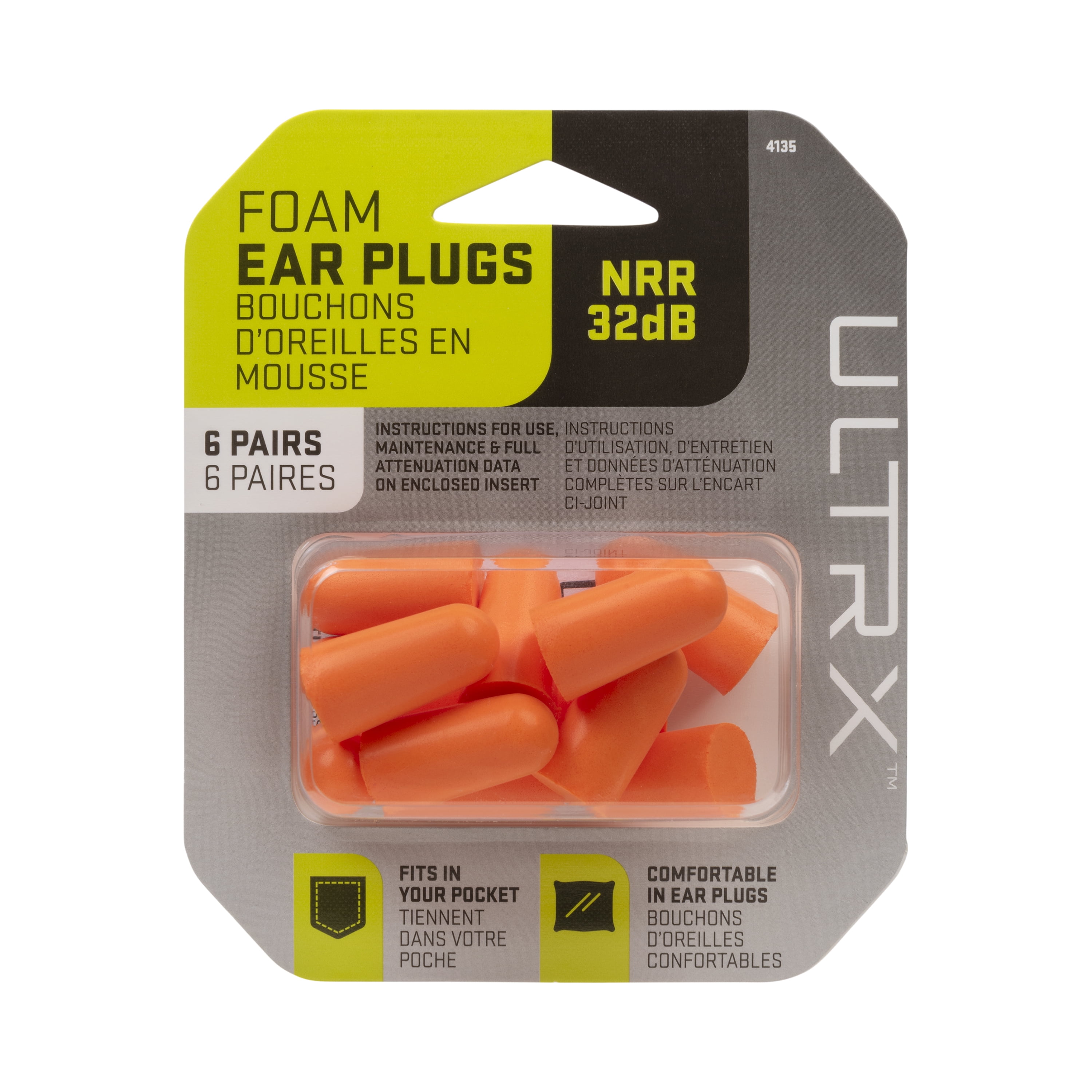 ULTRX™ Foam Ear Plugs, 6-Pairs, Orange, Adult, Unisex, NRR 32 Db, Model 4135, Disposable