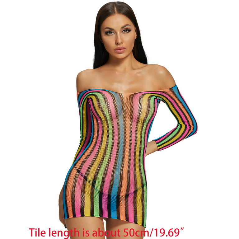 ZUARFY Women Sexy Long Sleeve Off Shoulder Lingerie Rainbow Fishnet Stretch  Mini Dress