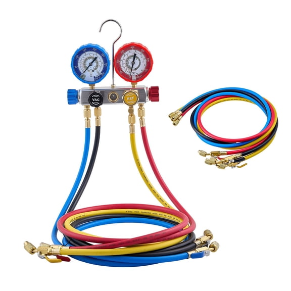 4 Way AC Manifold Gauge Set for R22 R404A R410A R12 Refrigerants with 5 ft Hoses for Auto and Home AC Charging Recovery Evacuation Vacuuming
