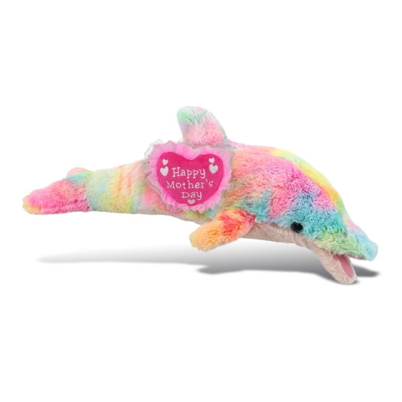 DolliBu Happy Mother's Day Rainbow Dolphin - Cute Stuffed Animal with Pink Heart Message for Best Mommy, Grandma, Wife, Daughter - Cute Ocean Life Plush Toy Mom Gift - 14 Inches