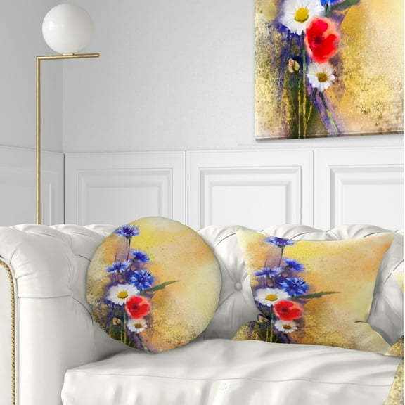 Designart Bouquet of Poppy Cornflower and Daisy - Floral Throw Pillow - 12x20
