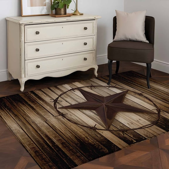 Retro Texas Star 4x6 Rug for Dining Table for 4 People Under Table, Brown Wood Grain Wire ashable Non Slip Rectangle Area Rug