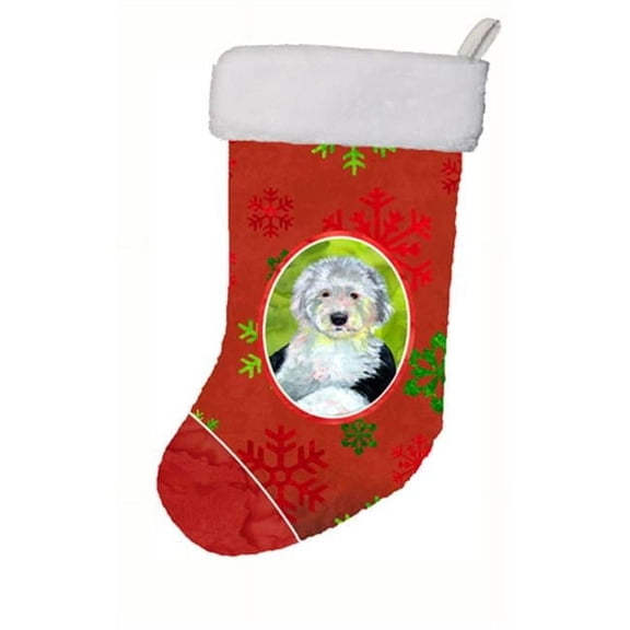 Carolines Treasures  Old English Sheepdog Red Green Snowflakes Holiday Christmas Stocking - 11 x 18 in.