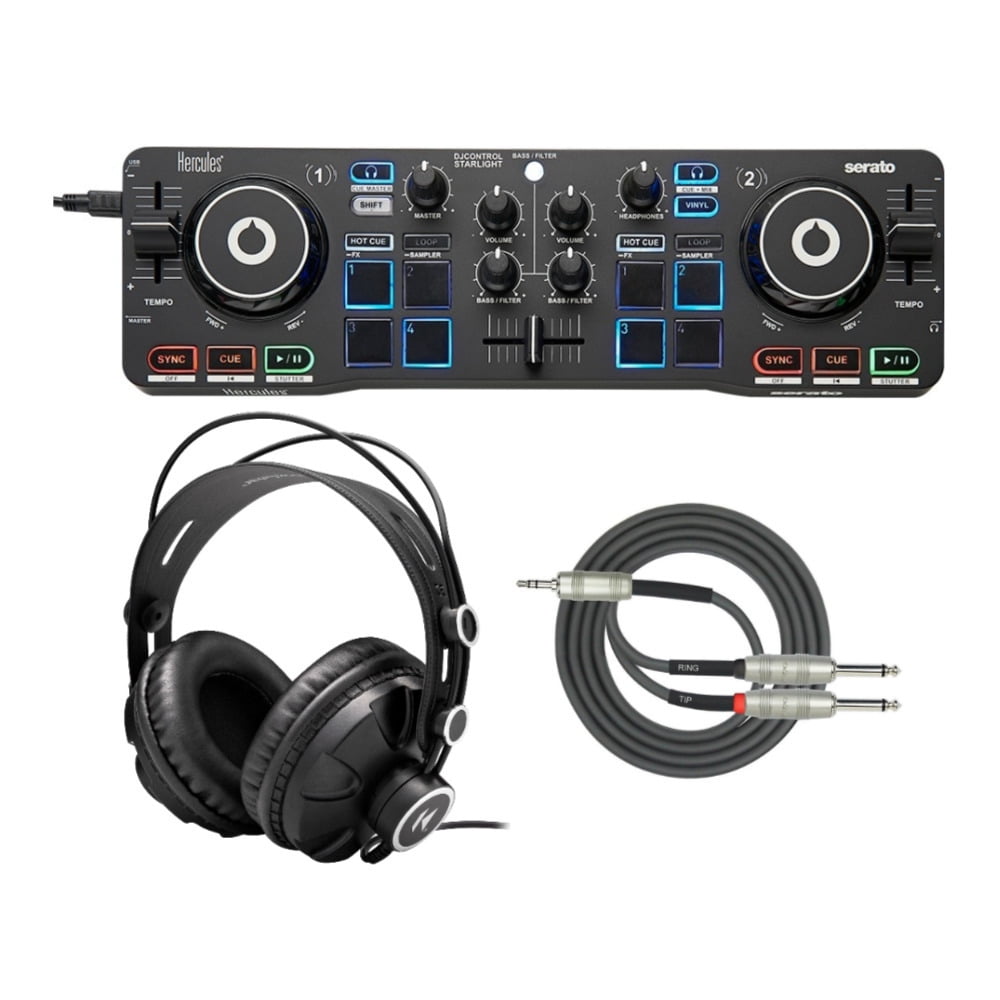 Hercules Compact DJControl Starlight Controller with Built-in sound card for Serato Headphones Basic Accessory Bundle 