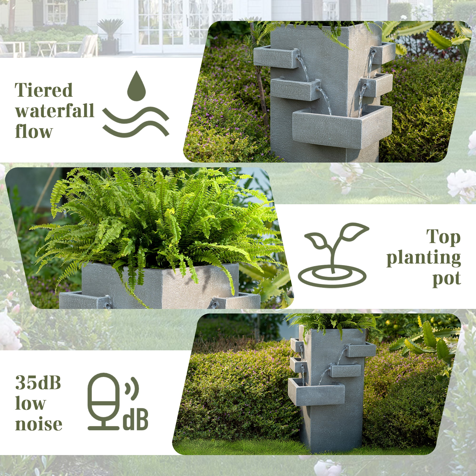 27.8" Outdoor Water Fountain with Tiered Waterfall Flow, Resin Waterfall Fountain for Outside, Indoor/Outdoor Water Feature for Garden, Patio