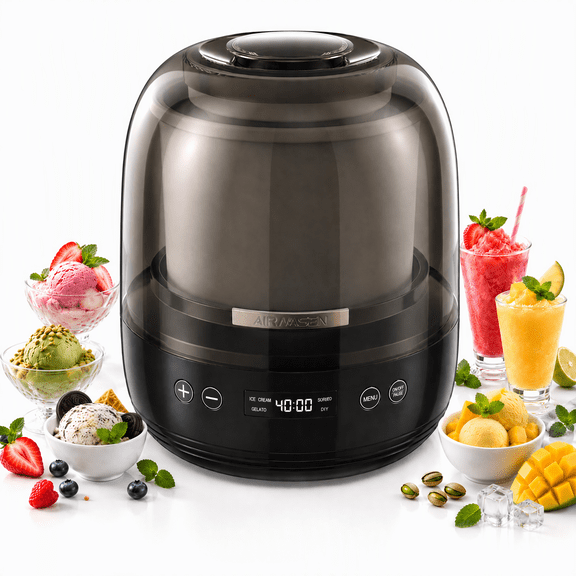 AIRMSEN 2.1 QT Ice Cream Maker with Fast-Freezing Bowl, Ready in 20 Min, Electric Ice Cream Machine for Gelato, Sorbet, Yogurt & Frozen Drinks, Recipe Book Included, Black