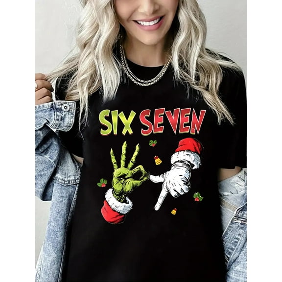 Woman Christmas Shirt Six Seven Graphic T-Shirt Pure Cotton Casual Short Sleeve Top