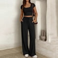 thumbnail image 5 of Women's Summer 2 Piece Matching Lounge Sets Short Sleeve Crop Tops Wide Leg Pants Airport Travel Outfits Black M(M), 5 of 7