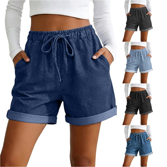 Gyujnb Women Casual Shorts, Drawstring Elastic Waist Roll‑Up Hem with Side Pockets,Dark Blue