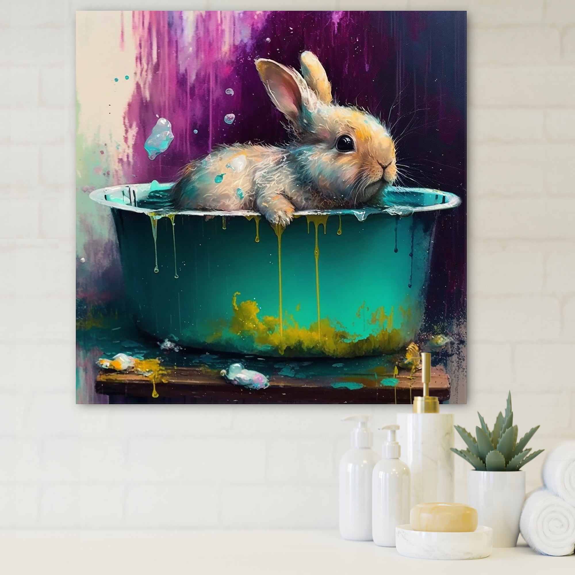 Designart Funny Rabbit In The Tub II Canvas Wall Art