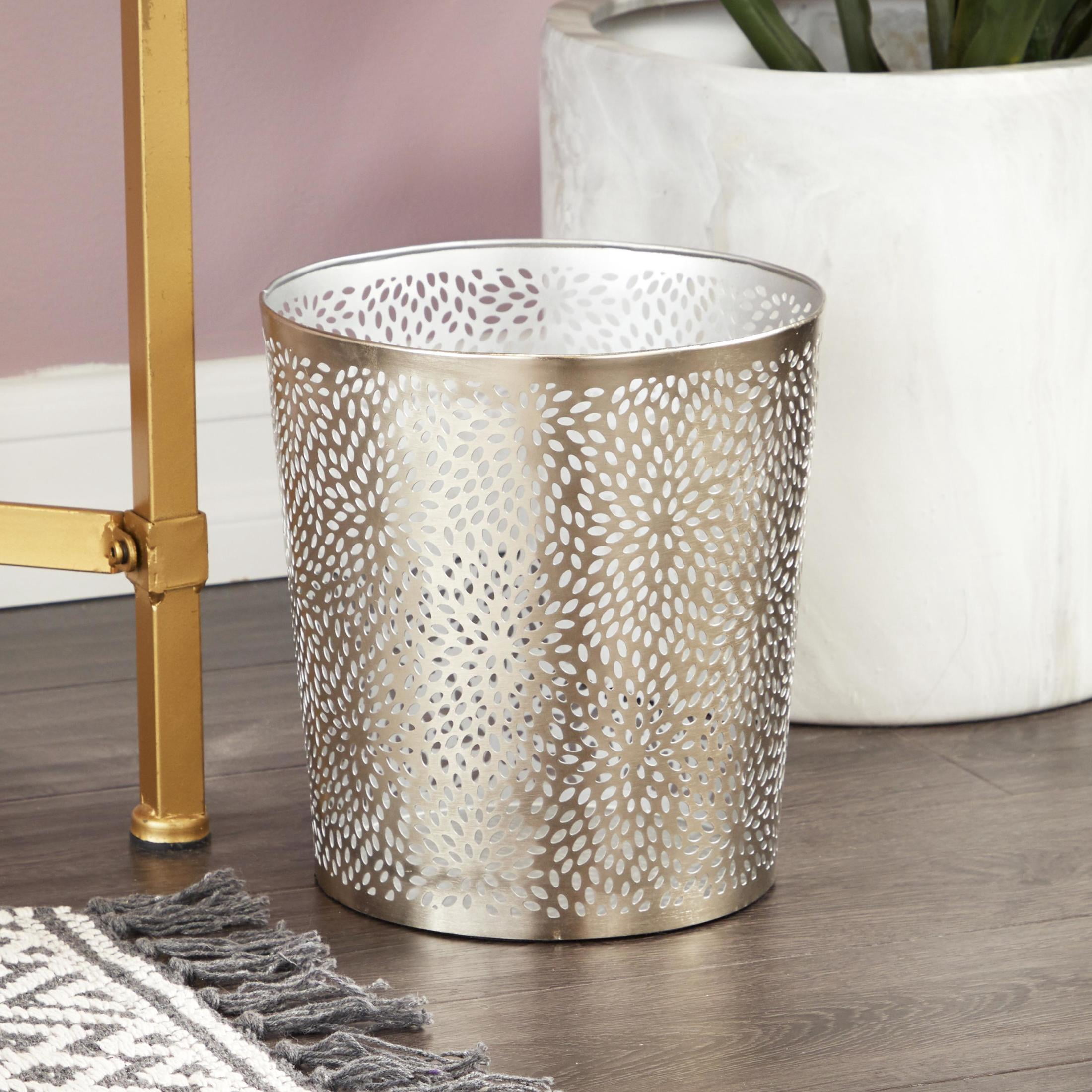 CosmoLiving by Cosmopolitan 9" x 10" Silver Metal Floral Small Waste Bin with Laser Carved Design, 1-Piece