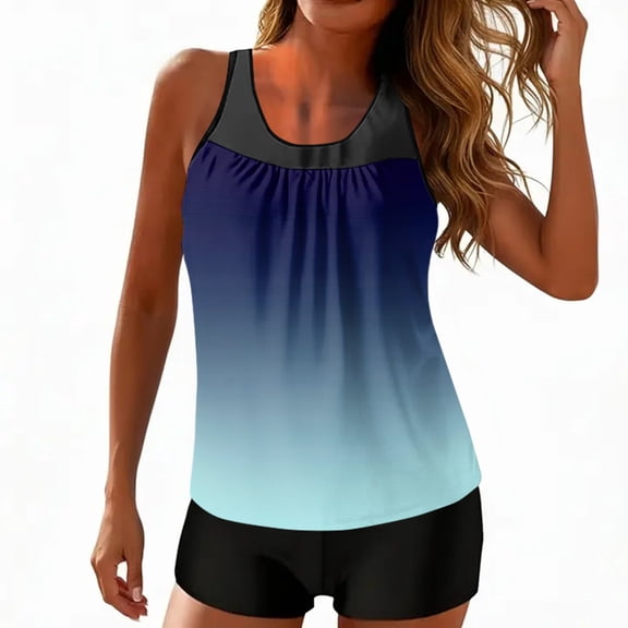 Womens Bathing Suits Two Piece Tank Tops Boyshorts Swimsuits High Waist Tummy Control Gradient Tankini Swimwear, L