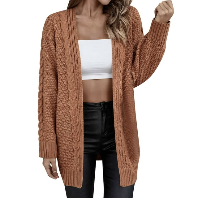 Manteau d'Automne pour Femme, Tricot Uni, Col Rond, Veste Chaude, Mi-Longue, Manteau Mode, Manteau Extérieur, Manteau Ouvert à l'Avant, Pardessus Torsadé