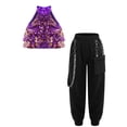 thumbnail image 2 of TiaoBug Kids Hip Hop Jazz Dance Outfits for Girls 2-Piece Sleeveless Sequin Crop Tops with Pants Set Purple 14, 2 of 6