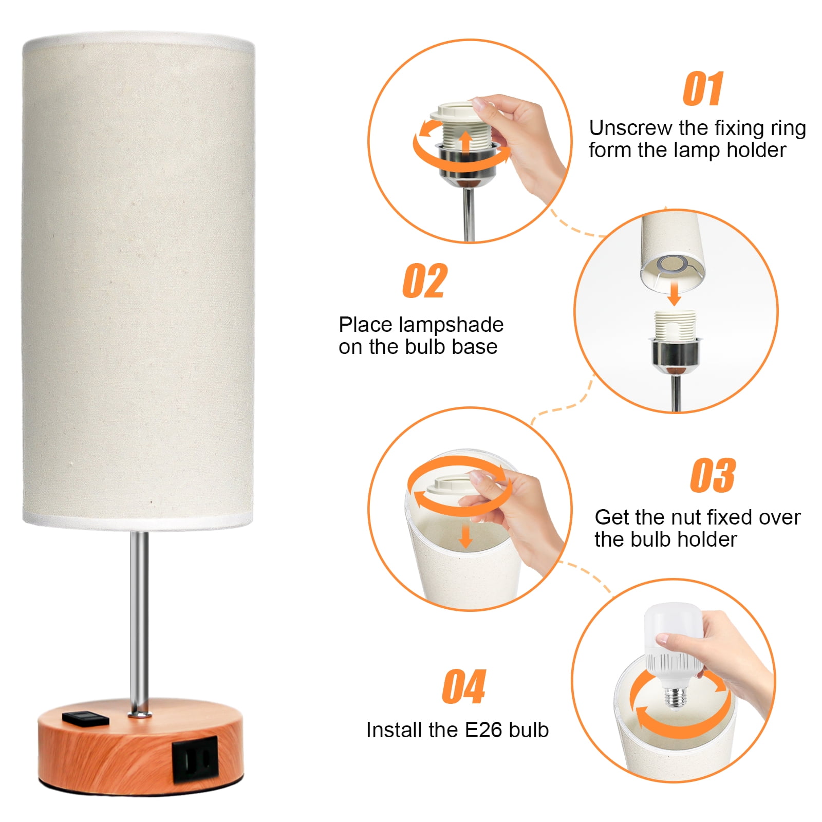 Table Lamps for Bedroom, 3 Way Dimmable Touch Control Bedside Lamp with USB C+A Fast Charging Ports, Nightstand Lamp for Office, Living Room, Reading(E26 Light Bulb Included), Wood