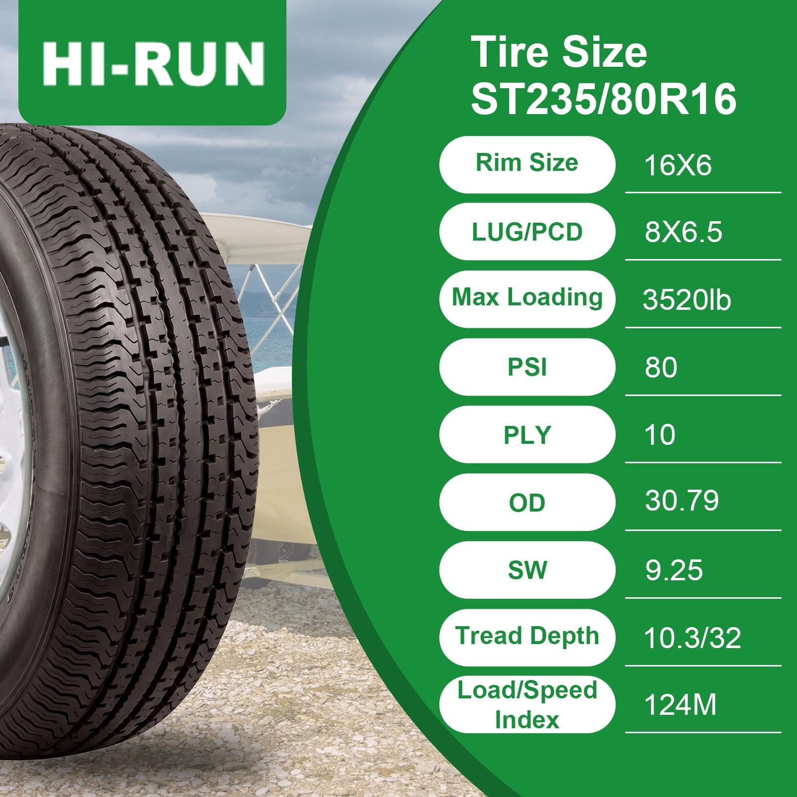 Hi-Run 2 Set ST100 ST235/80R16 Trailer Tire 10PR 124M & 16X6 8 Lugs on 6.5" PCD, 0 Offset Wheel Assembly Fits 235/80R16 Trailer Tire