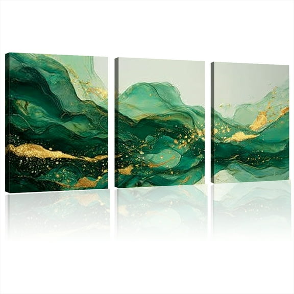 Large Green and Golden Abstract Canvas Wall Art Framed Modern Painting for Living Room, Bedroom, Office, Kitchen, or Bathroom Decor - High-Quality Print with Vintage/Contemporary Style12x16inchx3pcs