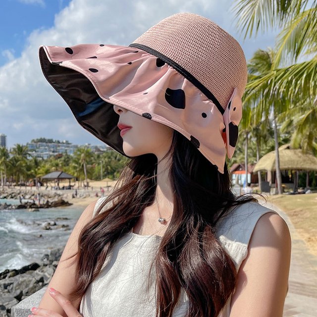 LinYooLi Dot Shading Hat Summer Female Vinyl Bow, Large Eaves Sunscreen Hats