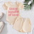 thumbnail image 2 of Ymyiu Newborn Summer Going Home Outfit Baby Girl Summer Set Letter Print Short Sleeve Romper with Pattern Ruffled Shorts and Headband 3 6 Months (Beige,3-6 Months), 2 of 5