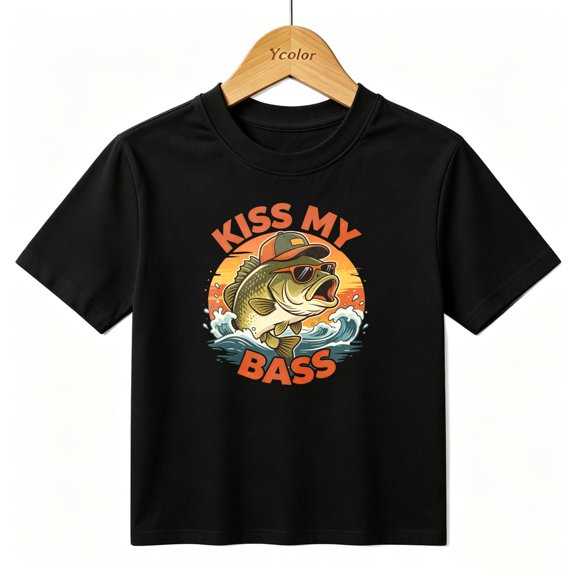 Boys Graphic T-Shirt Funny Bass Fishing Kiss My Bass Kids Tees 100% Cotton Tops Ages 4-13Y
