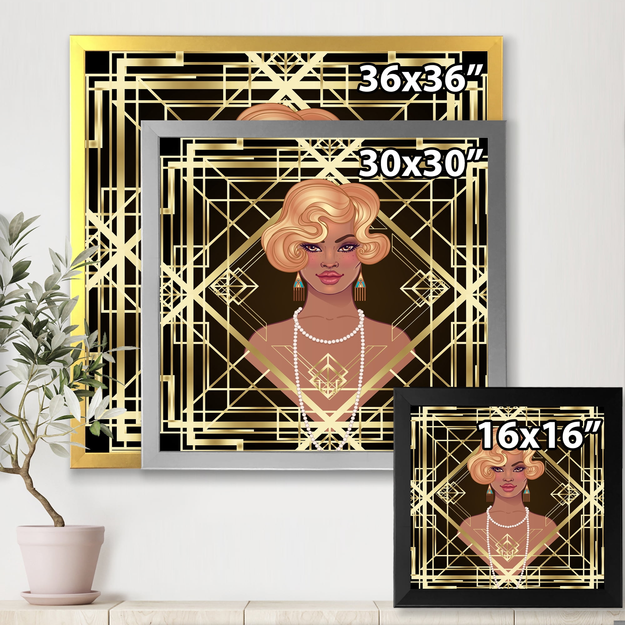 Designart 'Retro Girl In Golden Art Deco Geometrics III' Modern Framed Art Print