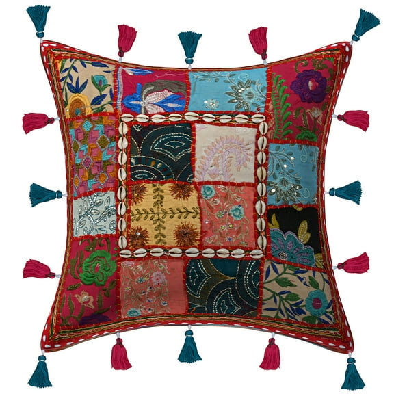Stylo Culture Ethnic Chair Seat Throw Pillow Cover 16 x 16 Embroidered Patchwork Sea Shells Red Hippie 40cm x 40cm Bedroom Cotton Floral Square Cushion Cover | 1 Pc