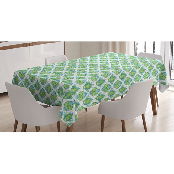 Antique Oriental Tablecloth, Thais Face Floral Repetitive Pattern, Rectangle Satin Table Cover Accent for Dining Room and Kitchen, 60" X 90", Seafoam Dark Turquoise, by Ambesonne