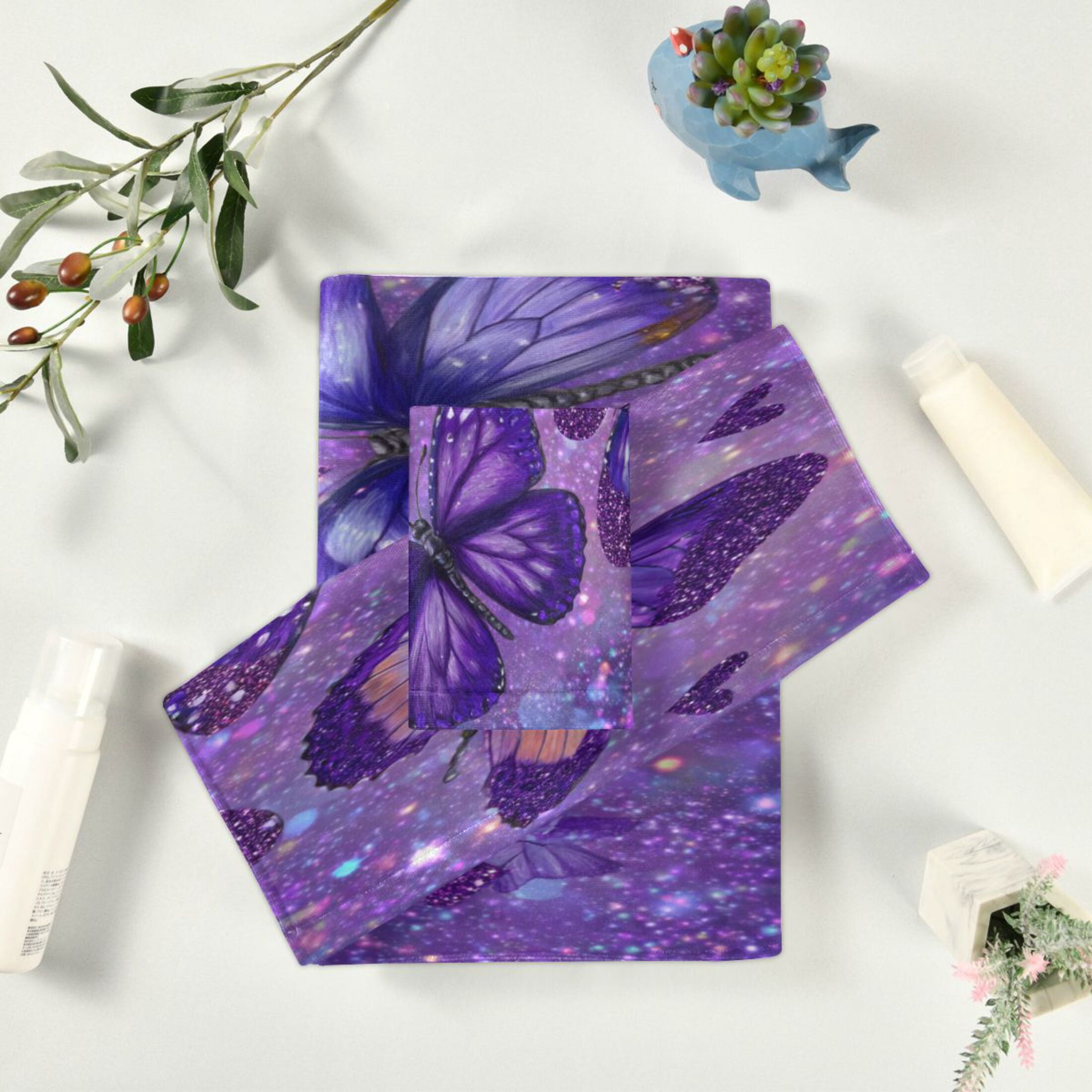 3 Sizes of Towel Sets Including Bath Towel Hand Towel and Washcloth for Daily Use Shimmering Purple Butterflies