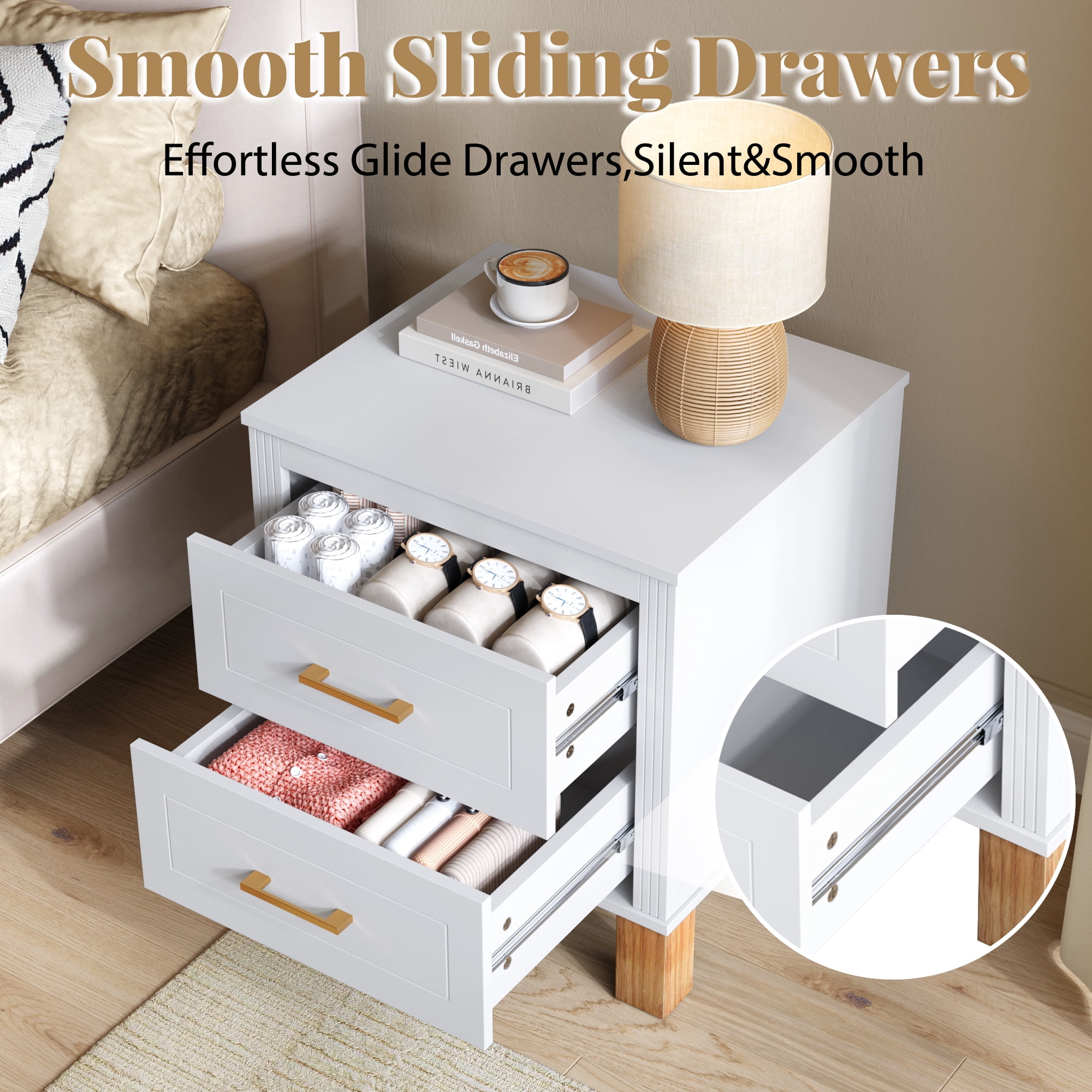 2 Drawer Nightstand, Premium Wood Storage with Elegant Fluted Design, Solid Wood Legs Nightstand with Metal Handle, Tall Bedside Table for Bedroom Living Room, White