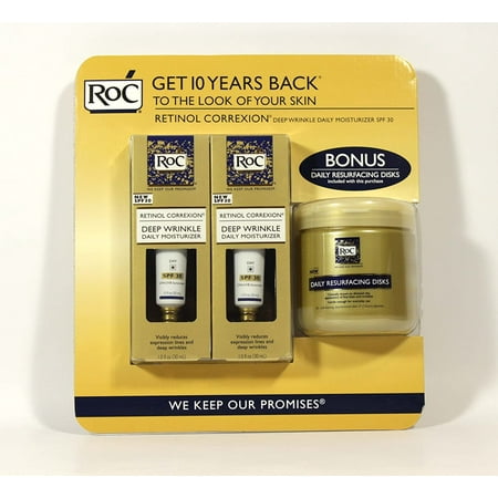 RoC Retinol Correxion Deep Wrinkle Daily Moisturizer with SPF 30 & Vitamin E, 1 Ounce, Twin Pack with 28 Bonus Daily Resurfacing Disks