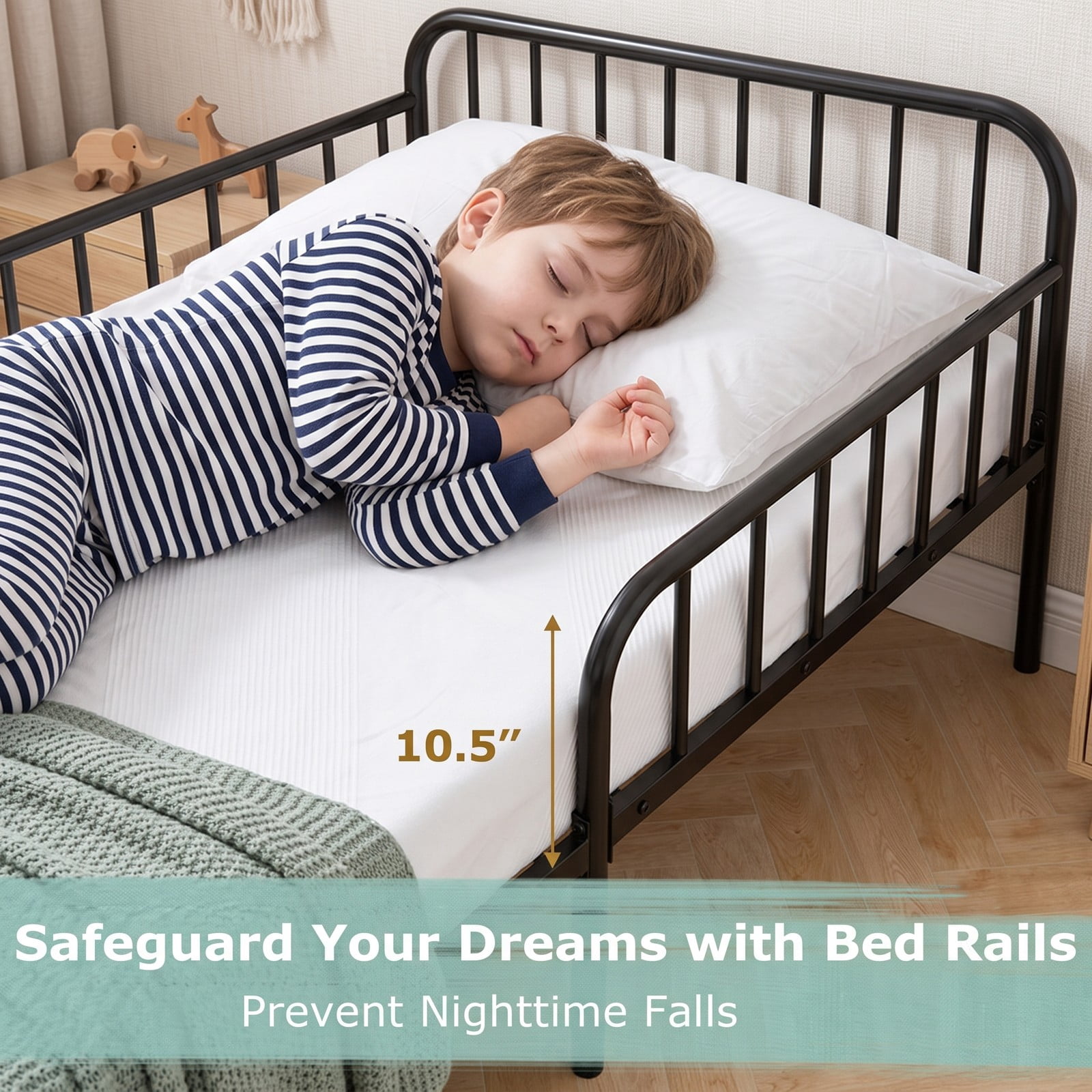 Furnibear Twin Size Metal Kids Bed Frame with Headboard and Safety Side Guardrails for a Boys and Girls Toddler Bedroom, Black
