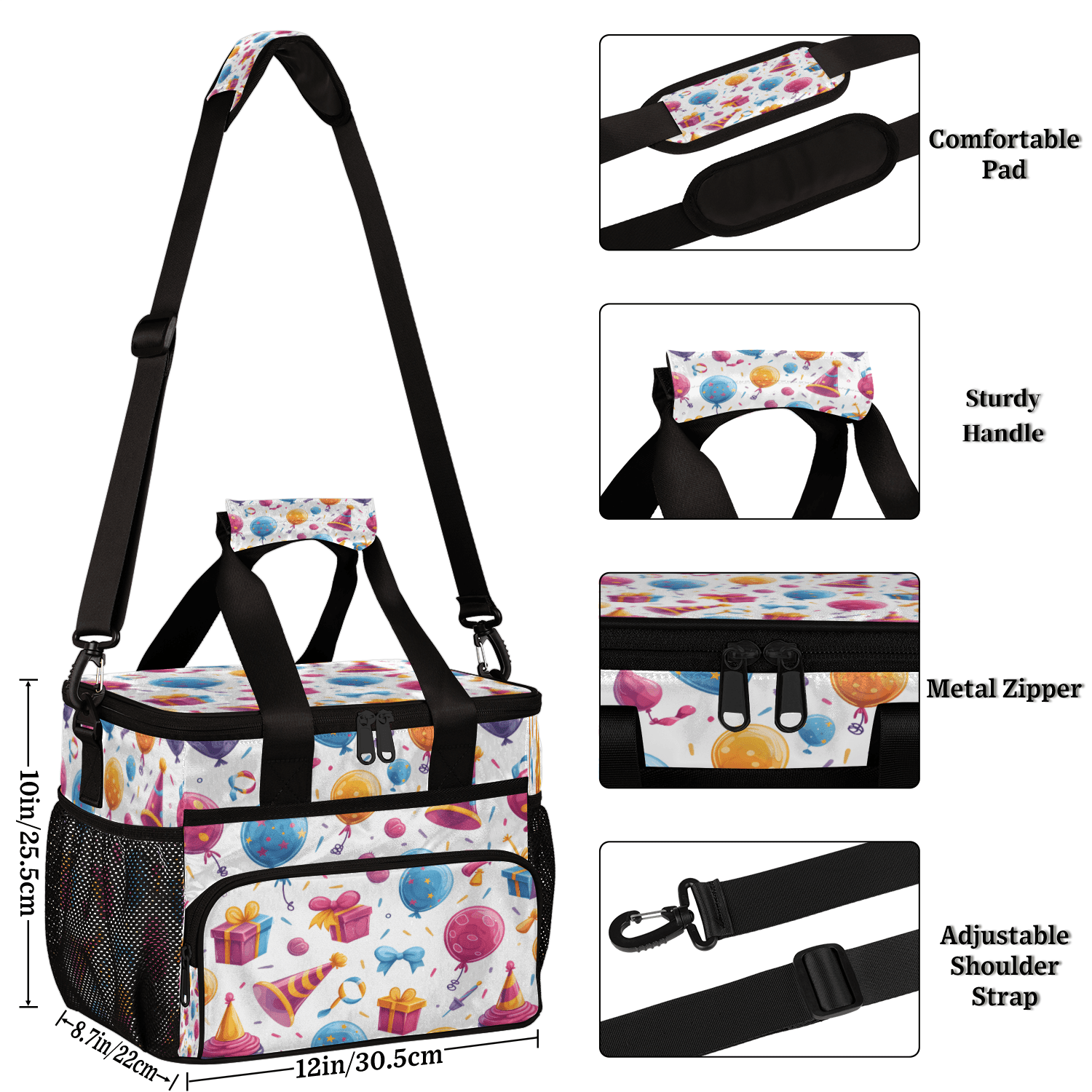Herdesigns Happy Birthday Theme Large Lunch Box for Adults Women Men with Adjustable Shoulder Strap, Insulated Reusable Lunch Bag Leakproof Cooler Tote Bag
