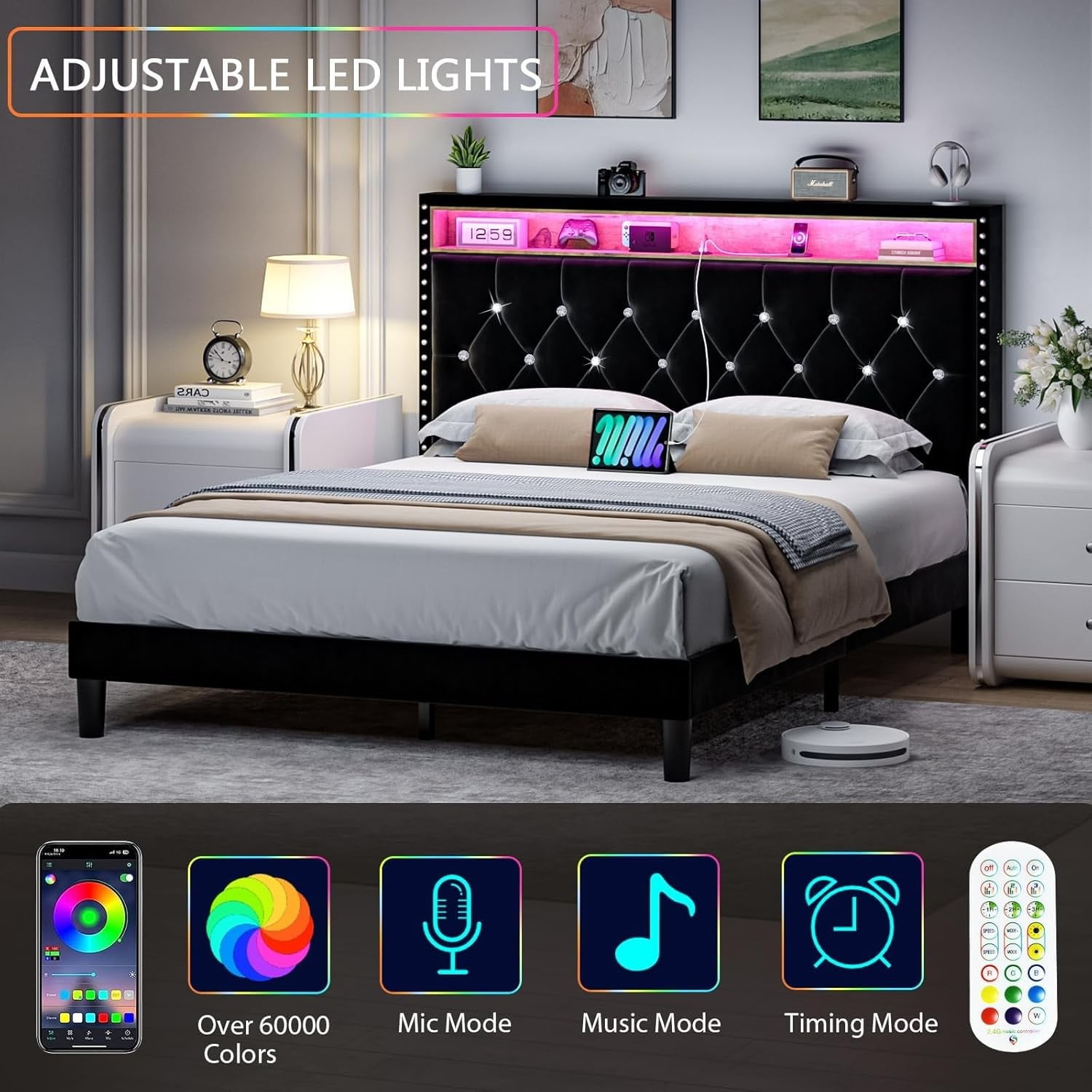 4 EVER WINNER Full Size Bed Frame with Storage Headboard, Velvet Upholstered Bed Frame with LED Light, Black Full Bed Frame with Charge Station, Black