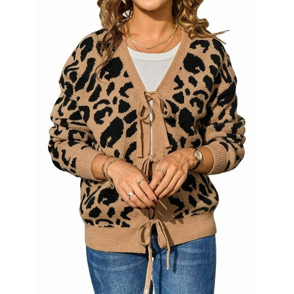 Women Leopard Print Bow- Tie Cardigan Long Sleeve Crewneck Open Front Knit Cardigan Casual Loose Outwear Khaki L