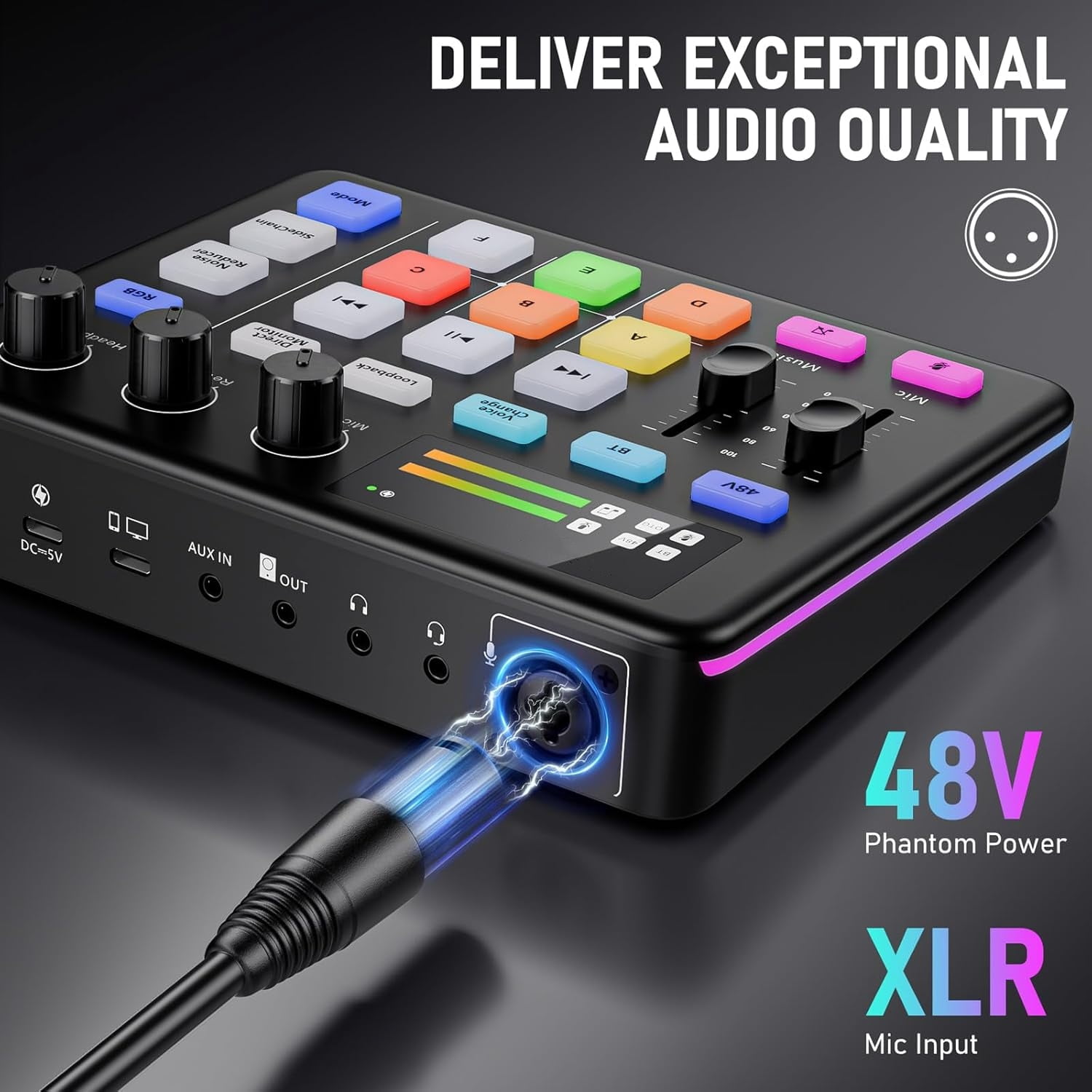 Audio Mixer, Live Sound Card, Voice Changer Kit with RGB Audio Interface,Pro-preamp, Bluetooth Streaming PC Mixer with XLR/48V Phantom Power for Live Streaming,Podcasting,Content Create,Gaming(Black)