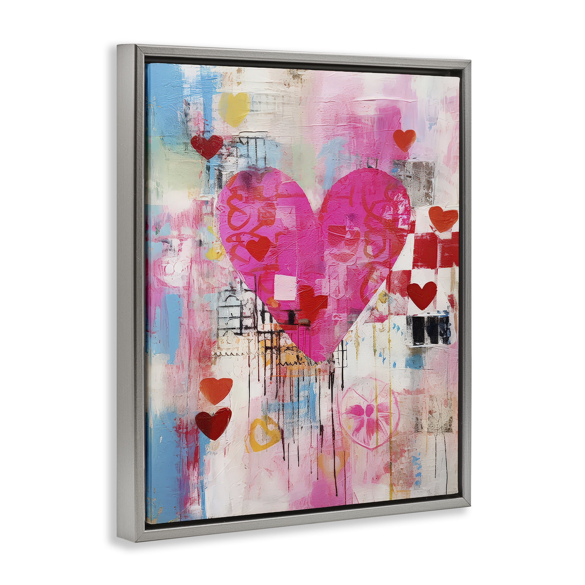 Stupell Industries Whimsical Romance Heart Pattern Abstract Painting Gray Floater Framed Canvas Art Print Wall Art, 17 x 21