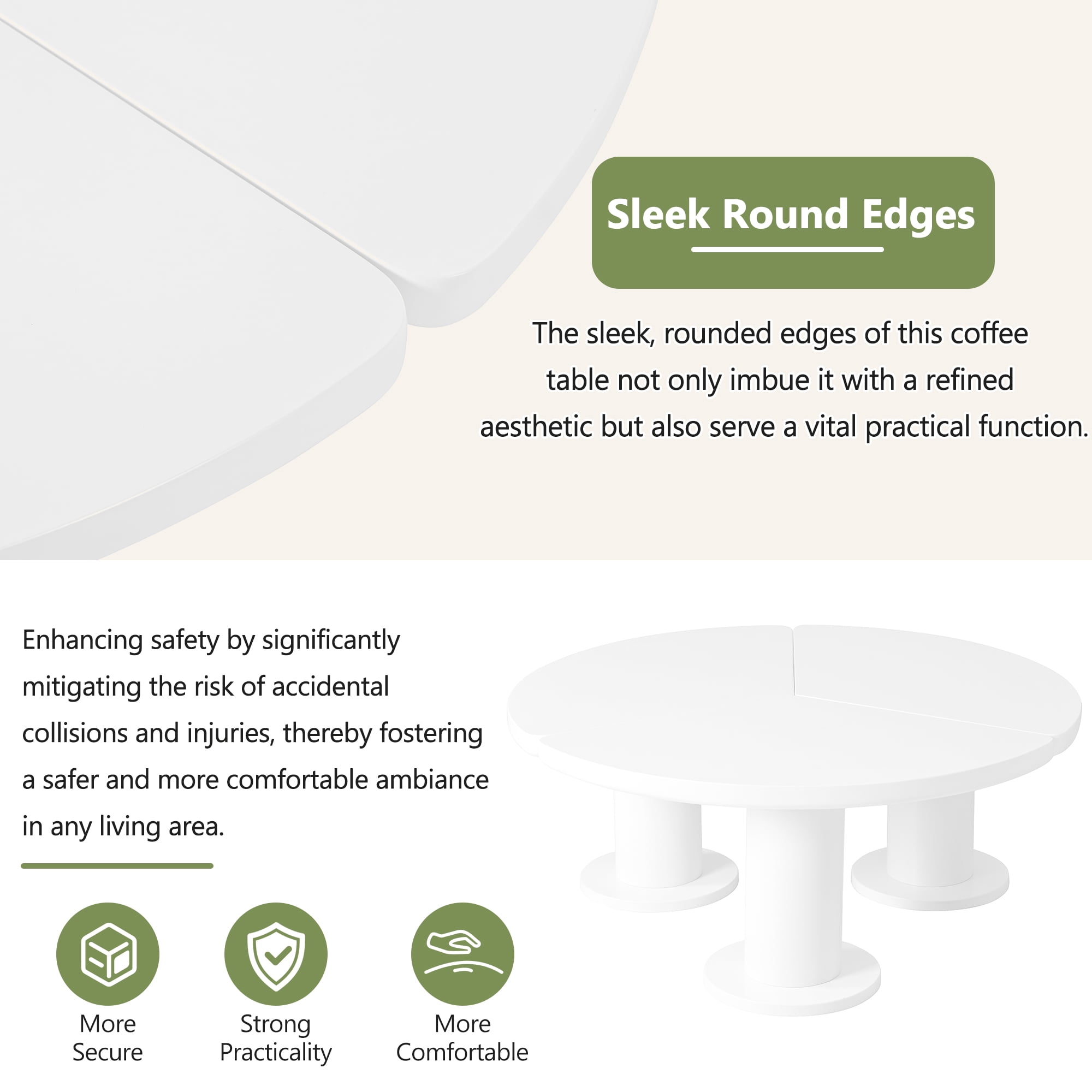 MAYEERTY Φ39.4'' Easy Assembly Round Petal-Shaped Coffee Table, Cream Style Center Table with 3 Thick Legs, Minimalist Irregular End Table with Sleek Round Edges for Living Room, White