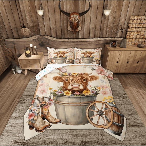 Erosebridal Kawaii Highland Cattle Comforter Sets Twin Size, Western Cowboy Cowgirl Boots Comforters & Duvets, Colorful Flower Room Decor, Reversible 2pcs
