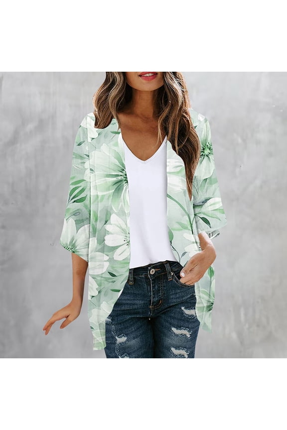 Trushirts Womens Green Floral Kimono Cardigan - 100% Polyester Lightweight Open Front 3/4 Sleeve Oversized Relaxed Fit S-XXL Summer Beach Cover-Up,Size XL