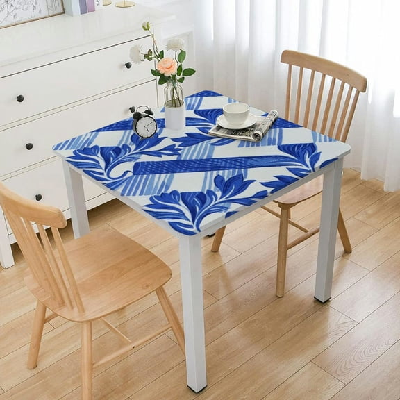 HAOXIT Square Picnic Table Cloth, Elastic Waterproof Fitted Vinyl Tablecloth for Square Tables, Flannel Backed Table Covers for Dining, Camping, Outdoor, White and Blue white
