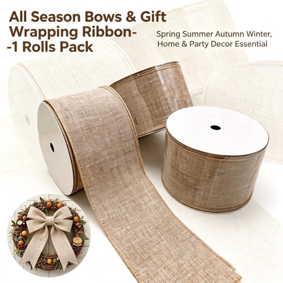 Coffee Burlap‑Look Wired Edge Ribbon, Textured Faux Linen Fabric Ribbon, 2.5 Inch x 10 Yard, All Season Bow Gift Wrapping Decor