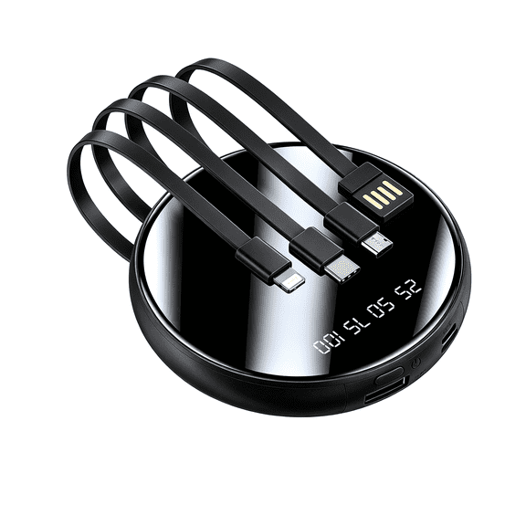 Round Portable Charger 10000mAh, 20W Power Bank with Built-in 4 Cables,LED Digital Display,Black