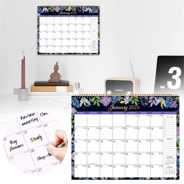 Tyeign 2026 Floral Wall Calendar 12-Month Punch-Card Schedule, Large Ruled Writing Space, Thick Ink-Proof Paper, Wire-Bound Hanging Loop, Home Office Student Productivity Organizer, 1 Calendar