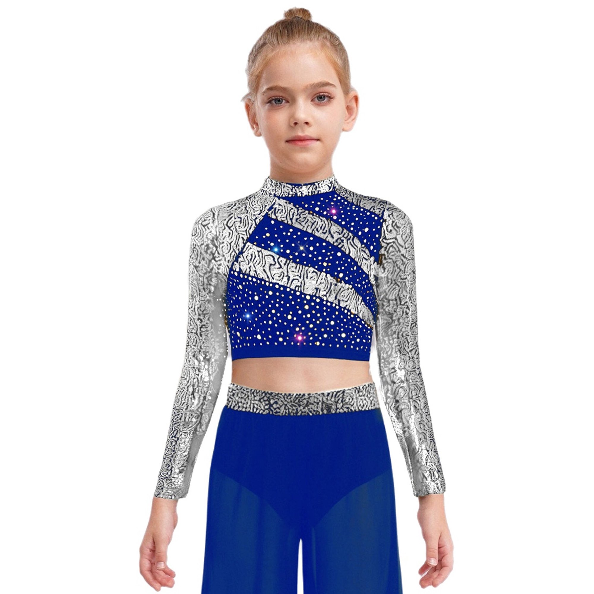 vastwit Sparkly Sequins Crop Top for Girls Long Sleeve Cutout Back Rhinestones Glitter Cheerleading Shirts Blue 10