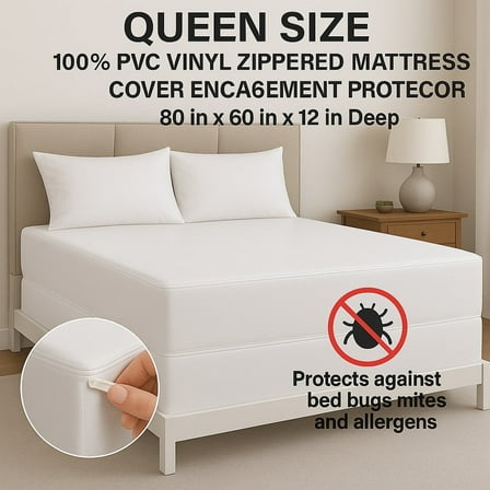 Queen Size Zippered Vinyl Mattress Cover, Heavy-Duty Waterproof Encasement, Fits Up to 12" Deep