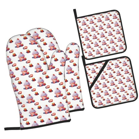 

Zufioo Strawberry Blueberry Cream Cake Oven Mitts and Pot Holders 4pcs Set Kitchen Oven Glove High Heat Resistant 500 Degree Extra Long Oven Mitts for Kitchen Baking Cooking