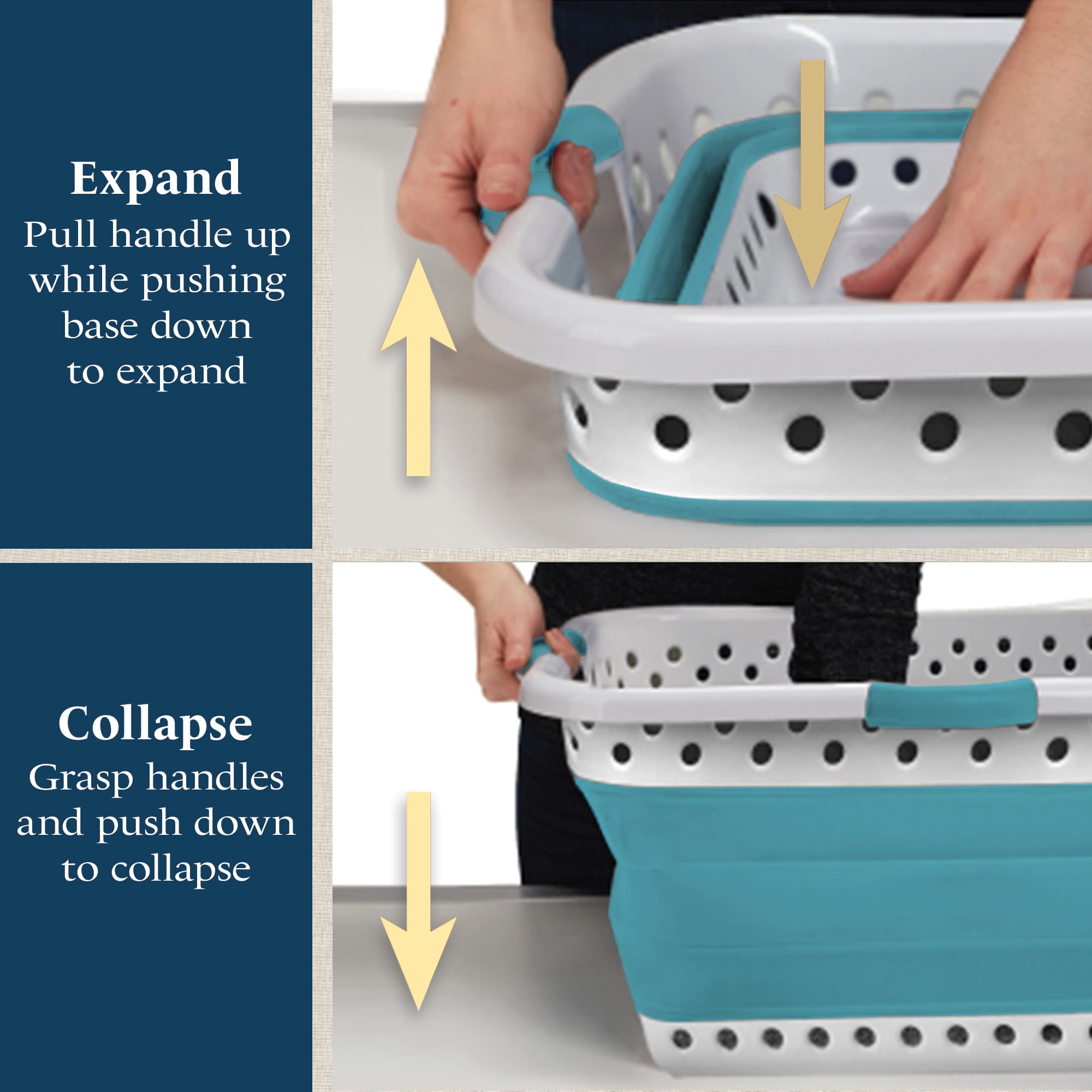Blue Door Collapsible Laundry Basket Portable Pop Up Plastic Laundry Hamper with Dual Grip, 10.5-Gallon Teal