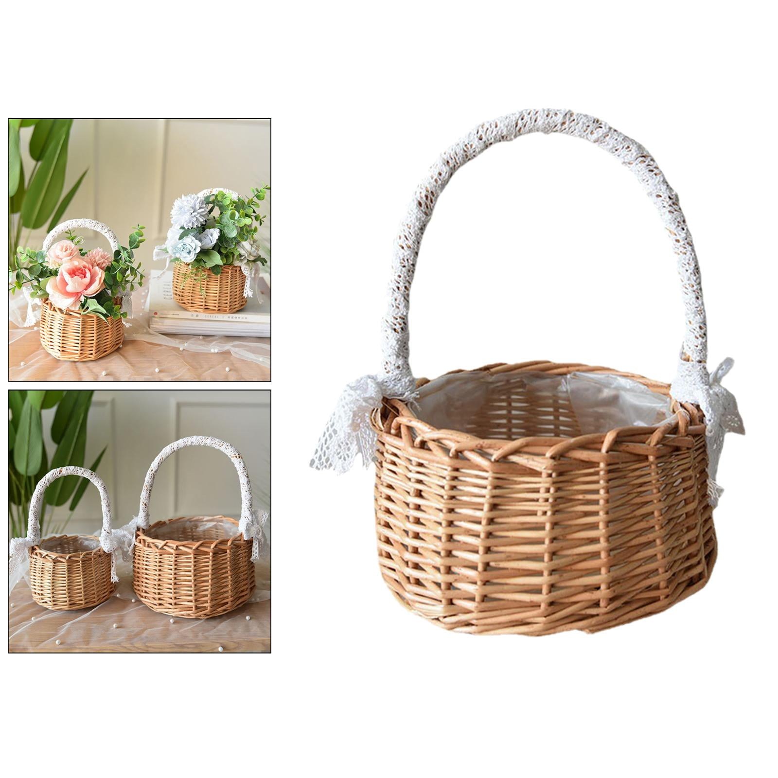Rattan Storage Basket with Handles Lace Bow Decor Wedding Flower Girl Gifts indoor and outdoor Flower Pot Plant Holder , M M