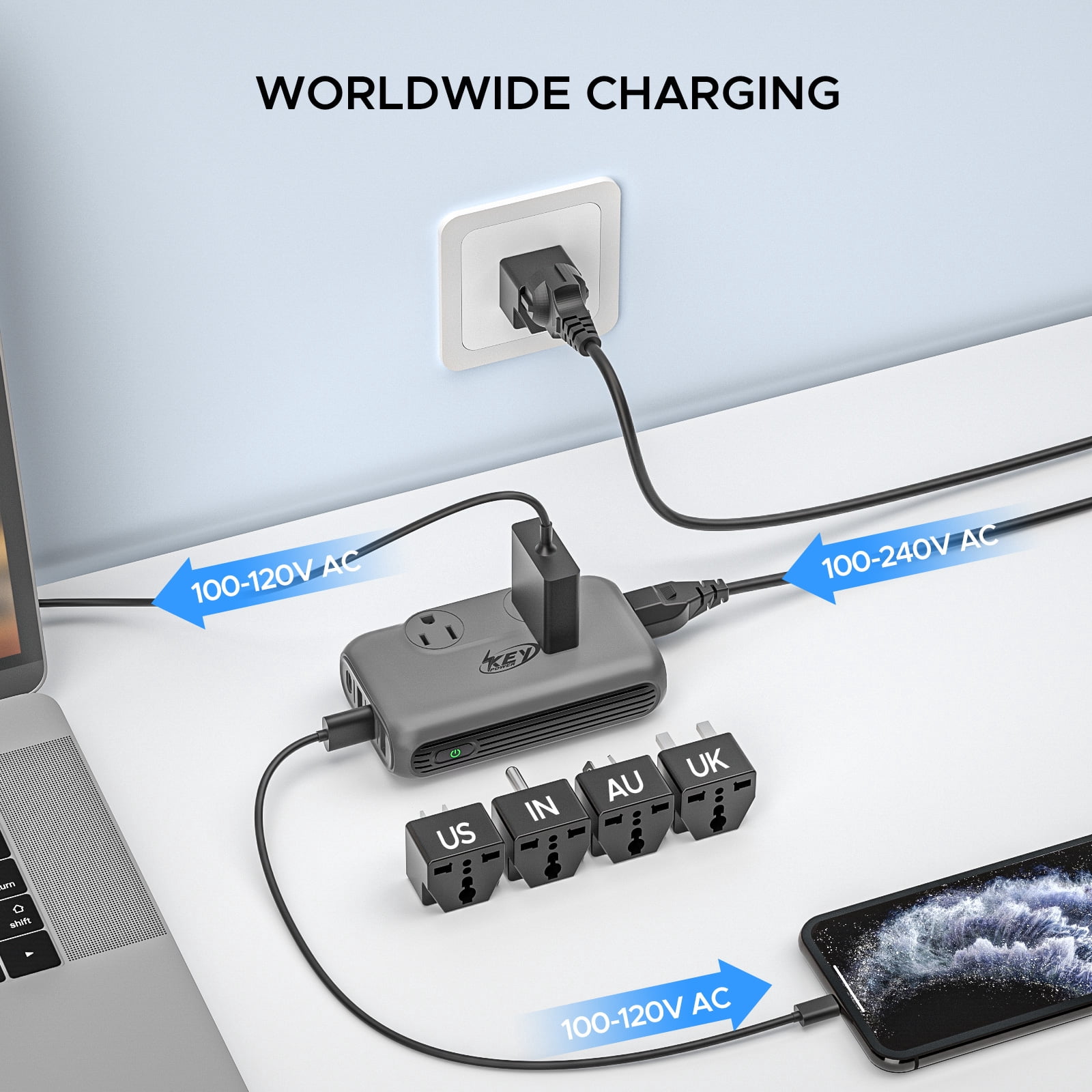 Key Power Power Converter, 230W Step Down 220V to 110V Voltage Converter with USB-C 18W International Travel Adapter Kits for EU UK US AU India More Than 150 Countries
