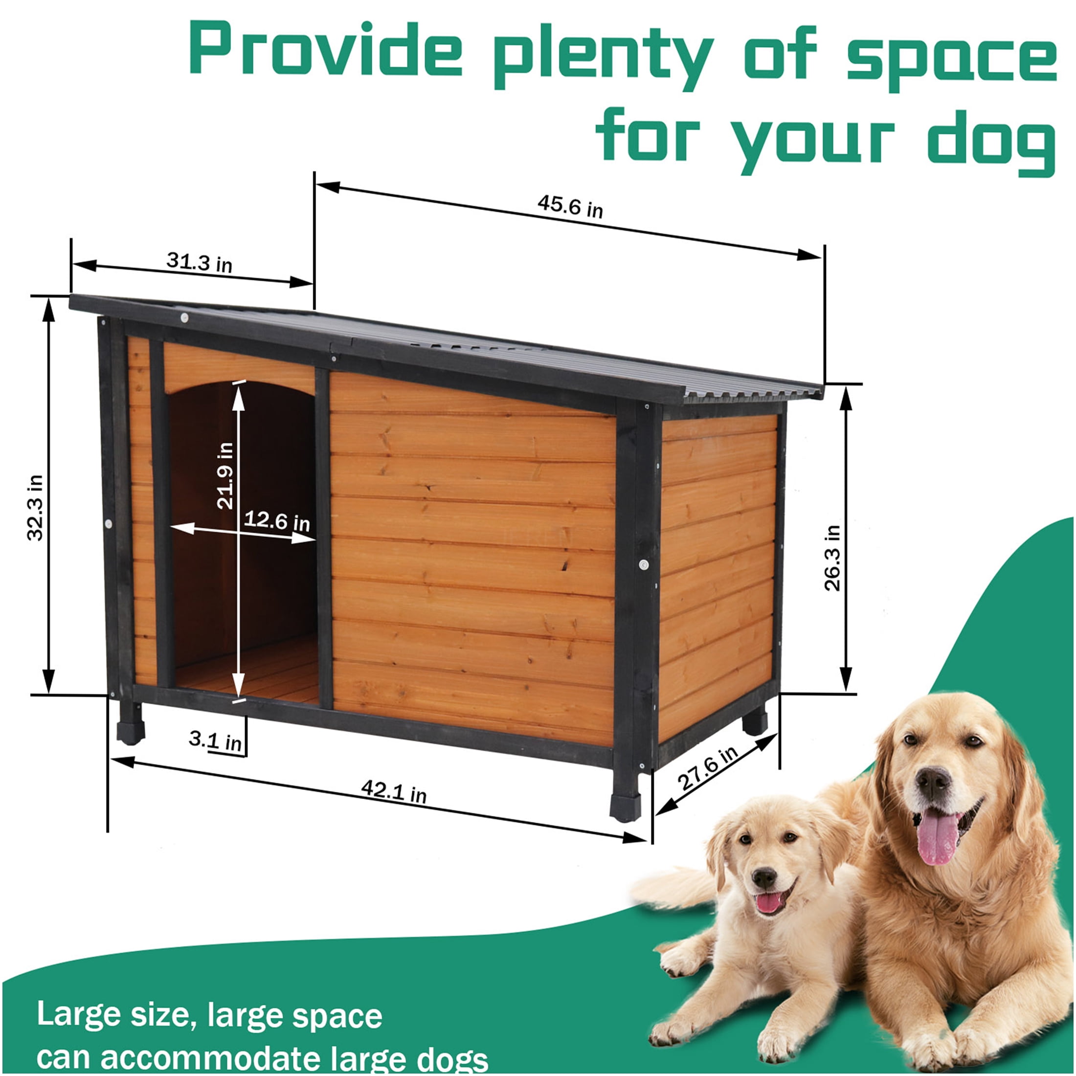 JERFIT Large Dog House Outdoor Indoor Wooden Kennel with Waterproof Roof & Raised Floor, 46 Inch Solid Wood Pet Villa for Winter, Gold Red & Black